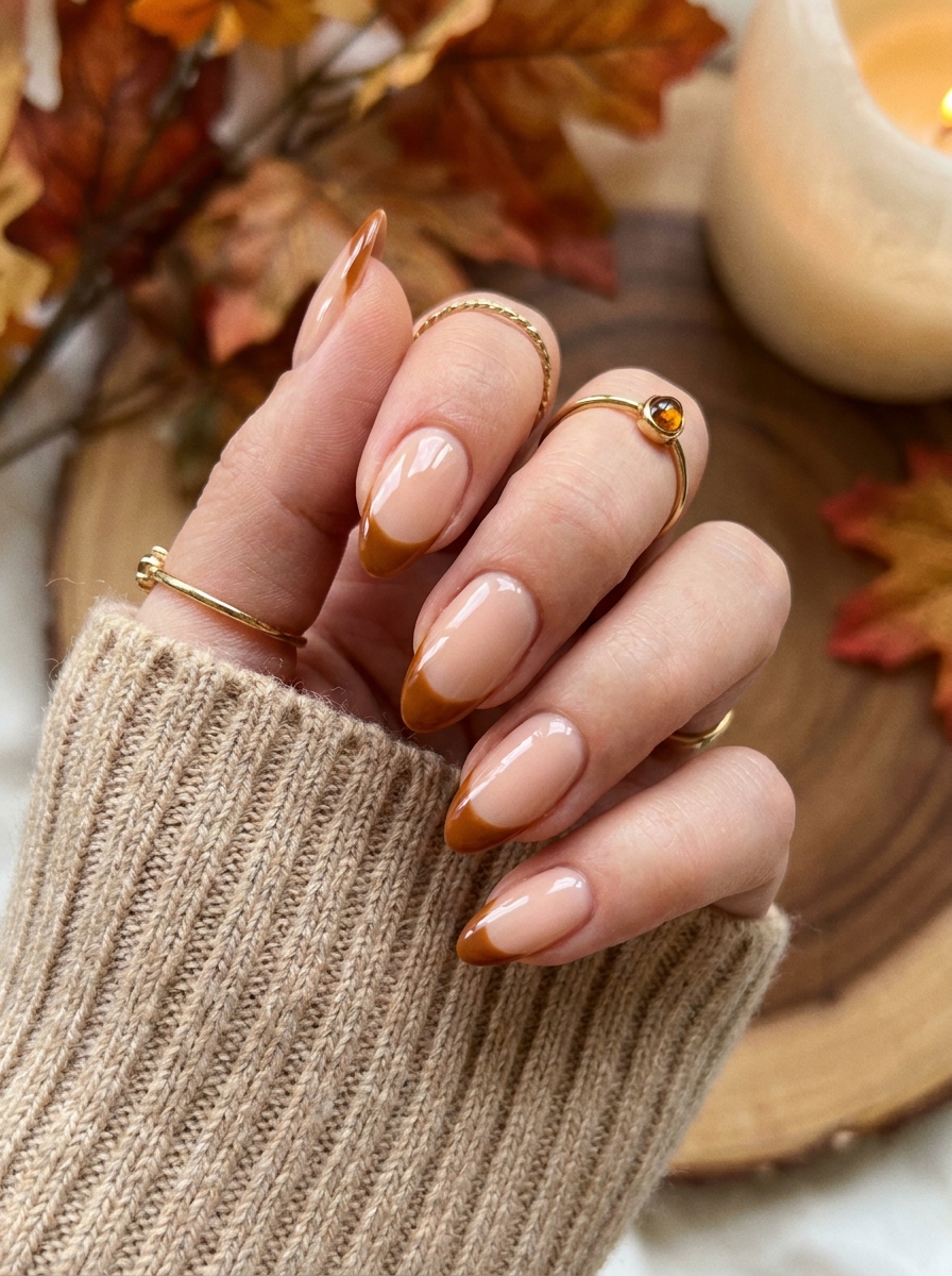 Caramel French Almond Nails als Almond Fall Nails Inspiration 2026